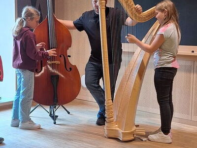 Schülerinnen zupfen auf einer Harfe